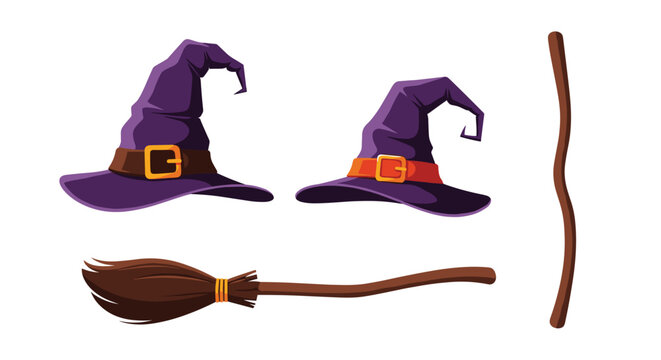 Essential witch accessories including two purple pointed hats with buckles a wooden broomstick and a magical staff on a white background.