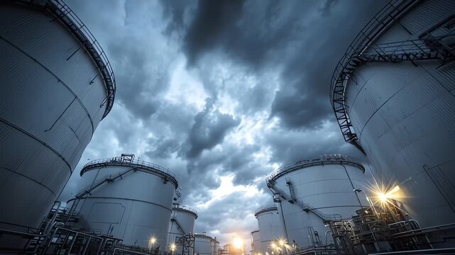 Timelapse hydrogen energy transition with large cylindrical fuel storage tanks at industrial refinery under dramatic sky conveying energy shift