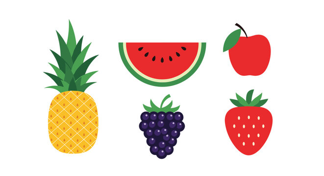 Colorful collection of fruit icons including a pineapple watermelon slice red apple blackberry and a strawberry in flat vector style.