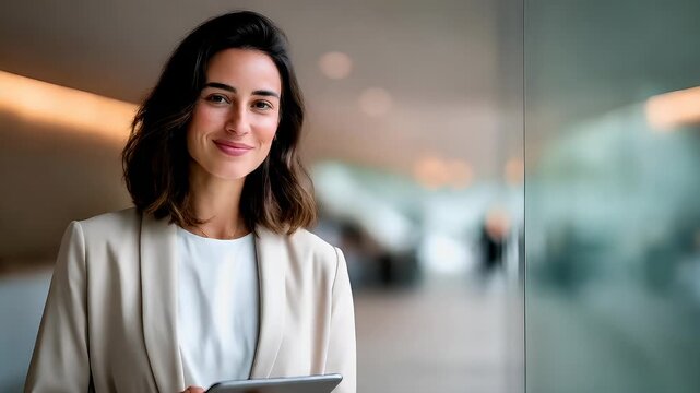 Female diversity. Human rights, equal opportunity concept. A portrait of a woman in a professional setting, captured in a side profile. She wears a white blazer and holds a tablet in her hands.