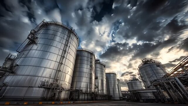 Timelapse hydrogen energy transition with industrial fuel storage tanks at refinery complex under cinematic dramatic sky