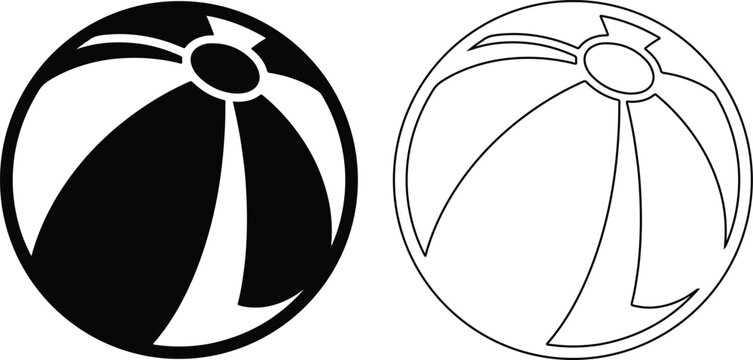 Vector illustration of an inflatable summer beach ball toy features both a solid silhouette icon and a simple outline line art drawing for graphic design.