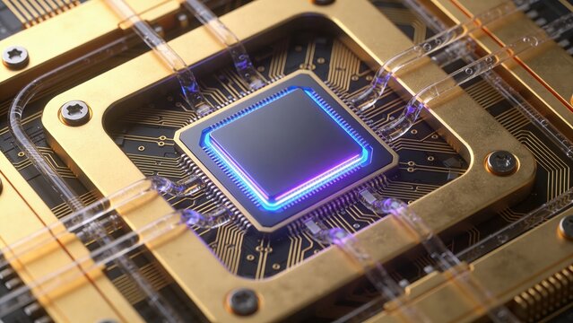 Close up of a glowing 2026 quantum computing chip on a gold circuit board with blue light