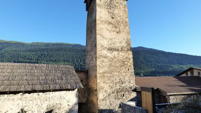 Mestia village view with Svan towers, Mestia village in Svaneti region, Georgia.