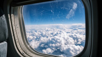 Naklejka premium Serene perspective from an airplane window, capturing fluffy white clouds stretching endlessly beneath a brilliant blue sky, evoking the tranquil beauty of high-altitude travel