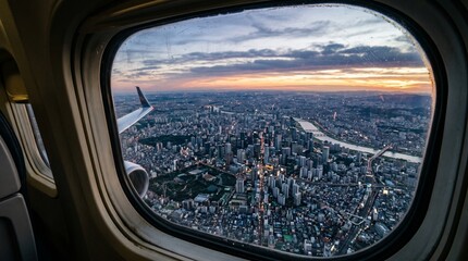 Fototapeta premium Aerial view of a sprawling cityscape at sunset, seen through an airplane window, with the sky painted in vibrant hues of orange and blue