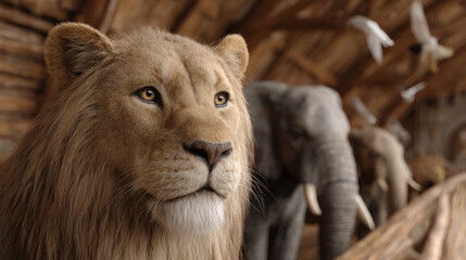Obraz premium Realistic lion portrait with detailed facial features, wooden interior setting, and blurred elephant and birds in the background creating a natural habitat atmosphere