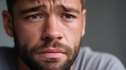 Fototapeta premium Male with short brown hair and beard gazes thoughtfully, showing a serious expression against a blurred gray background in a close-up portrait