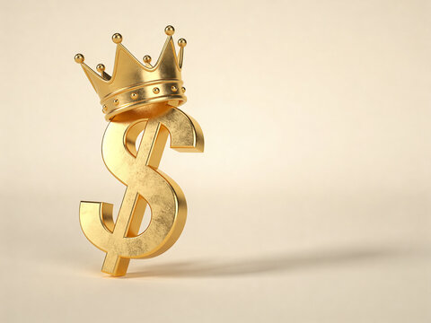 Golden Dollar Sign Wearing a King Crown on a Beige Background