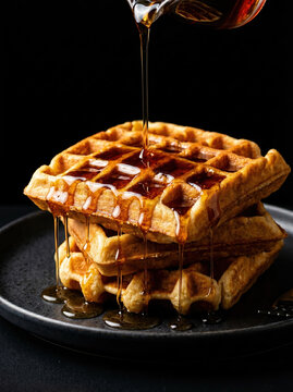Maple Syrup Pouring Over a Stack of Golden Waffles on a Dark Plate