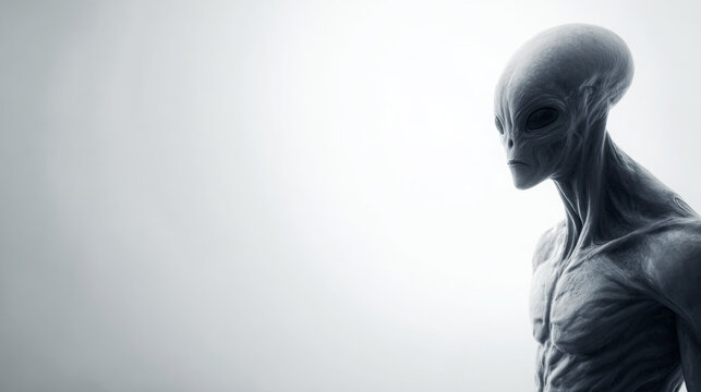 Alien humanoid figure with elongated head and large black eyes, standing against a soft gray background, showcasing intricate skin texture and muscular structure