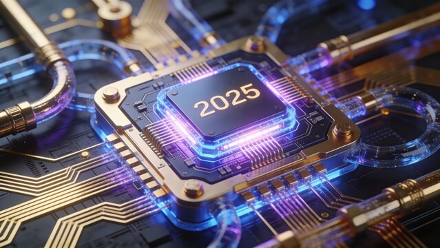 Glowing 2025 quantum computing chip on circuit board with neon blue and purple lights