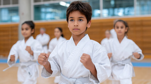 Young boy practicing karate in white uniform with focused expression, surrounded by other children in martial arts class inside a gymnasium with wooden walls