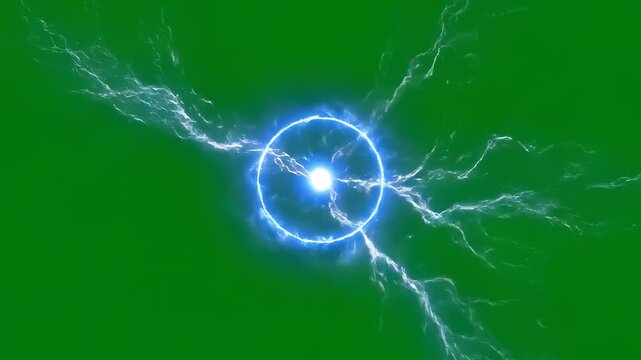Energy Sphere on Green: A captivating display of a glowing, radiant energy sphere, emitting streams of electrical energy against a vibrant green backdrop, representing power and innovation. 