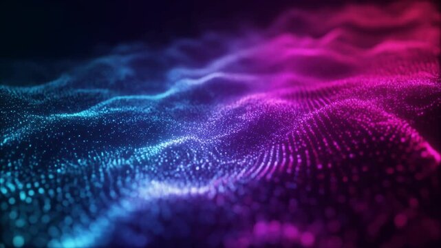 Abstract flowing particles in neon blue and pink light, digital wave motion.