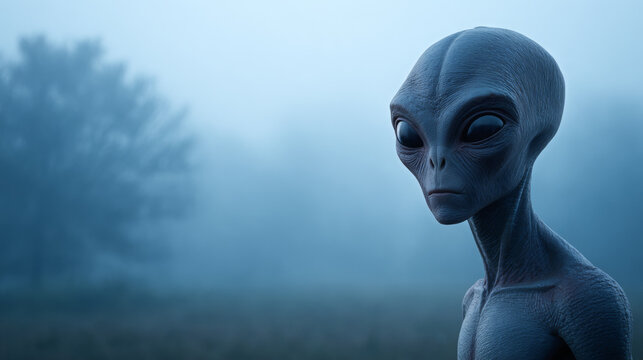Alien figure with large eyes and gray skin stands in a foggy landscape, surrounded by blurred trees and a mysterious atmosphere, evoking extraterrestrial themes
