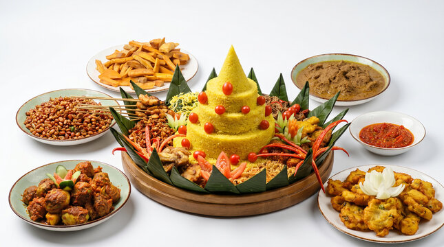 Delicious Indonesian Nasi Campur meal with fragrant rice, crispy chicken, vegetable urap, spicy sambal, and assorted condiments, presented on a white background