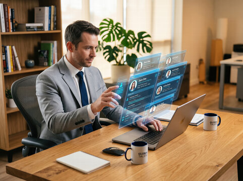 Human Resources Manager Reviewing Holographic Candidate Resumes