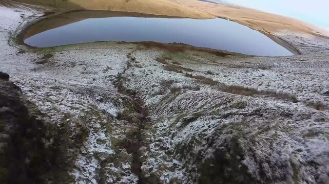 FPV Drone Dive Looking Down a Steep Snowy Volcanic Cayon with River