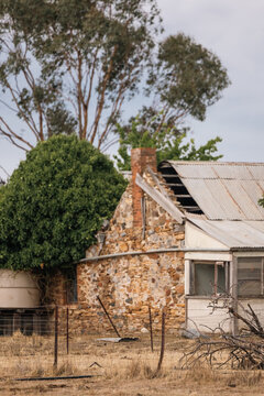 Dilapidated stone farmhouse with corrugated iron roof and overgrown vegetation