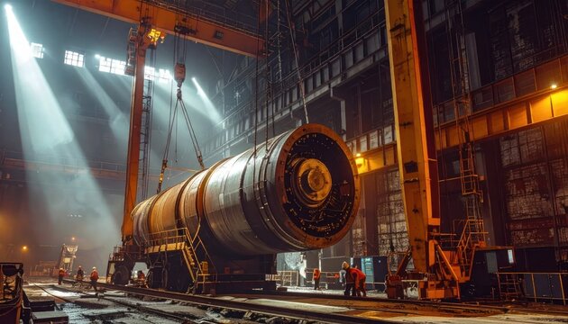 Massive Industrial Turbine Being Assembled in a Large Factory Workshop.