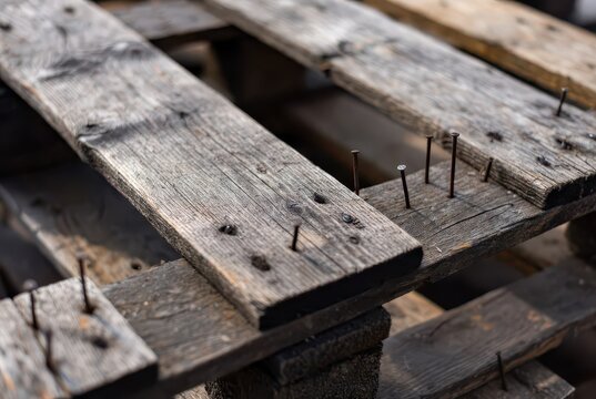 Close-up of weathered wooden pallet planks with rusty nails protruding, textured surface