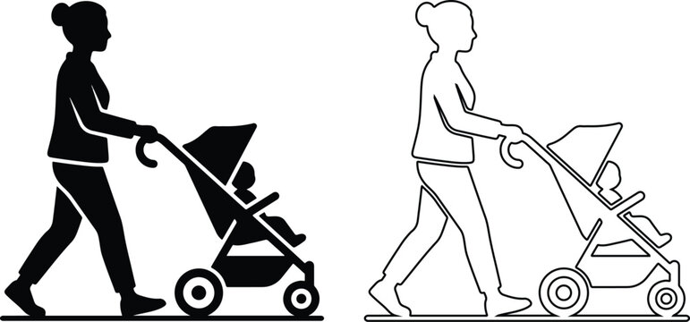 Vector icon set of a mother walking and pushing a newborn baby in a stroller, pram or pushchair buggy in solid black silhouette and line outline styles isolated on white.