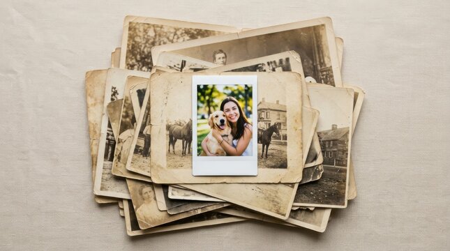 A woman holds her dog on a Polaroid photo atop a pile of old vintage photographs on a table.