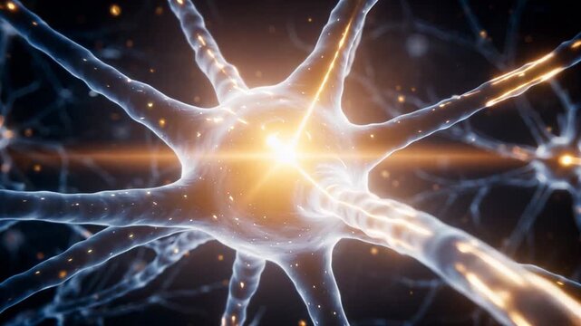 Animated neuron network pulsing with electrical impulses and light energy in continuous motion