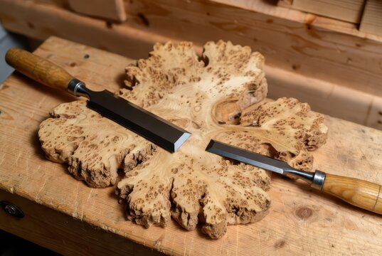 Rustic burl wood slice and chisels on a wooden workbench, woodworking tools