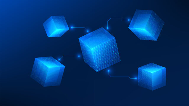 Technology background multiple cubic structures representing AI brains surrounded by code elements, agentic AI, intelligent automation, multi-agent systems, coordinated decision making