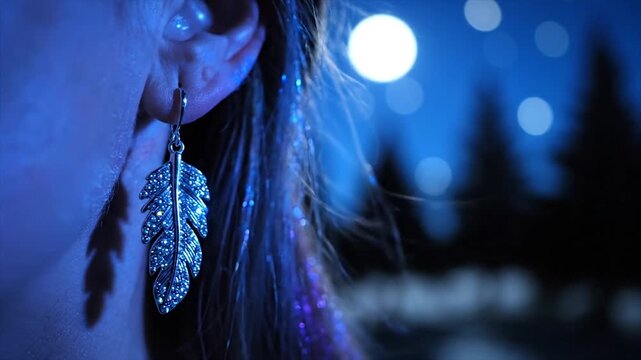 A woman wearing a detailed silver feather earring in the moonlight.