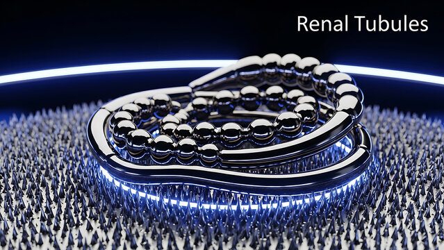 Medical 3D illustration of renal tubules structure with shiny metallic coils and blue microvilli surface  human kidney nephron model