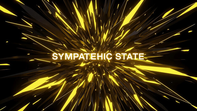 Yellow and black abstract explosion with sharp lines radiating from center with text Sympathetic State