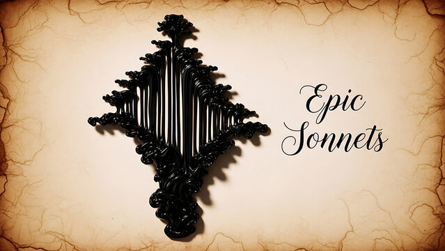 Ornate harp decoration with floral design on cracked parchment background with epic sonnets text