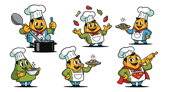 Chef cartoon character set cooking and presenting dishes