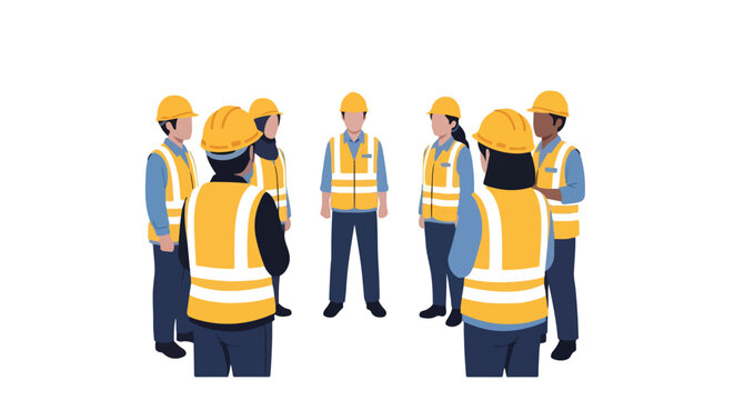 Flat design illustration of safety briefing meeting, workers standing in circle wearing PPE, clean composition, minimal details, soft color palette, white background, corporate K3 style