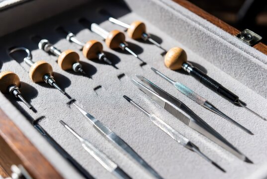 Precision tools for intricate work: engraving burins and tweezers in a wooden case
