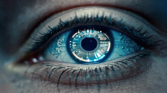 Close-up of a human eye with a futuristic, cybernetic iris displaying intricate technological patterns and circuits.