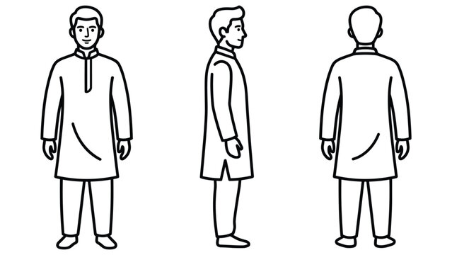 Man in traditional Indian kurta pajamas, shown in front, side, and back views.