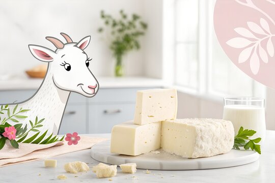 Whimsical cartoon goat character peeking into a bright, airy kitchen scene featuring blocks of creamy cheese and a glass of milk, suggesting fresh dairy products and natural goodness.