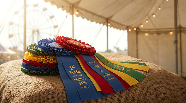 Collection of First Place Blue Ribbons and Rosettes at a County Fair Exhibition