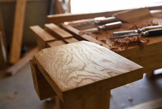 Close-up of beautifully grained wood being worked on by chisels in a workshop