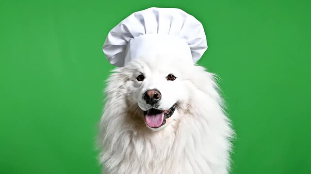 Adorable white Samoyed dog wearing a chef's hat, looking directly at the camera with a happy expression on a vibrant green background.