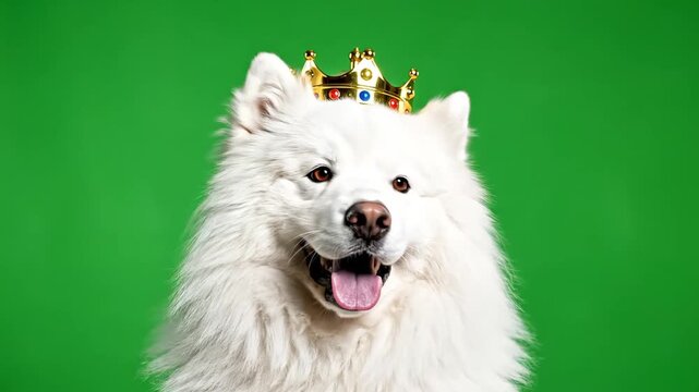 Happy white Samoyed dog wearing a golden crown, looking like a king, on a green background.