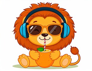 Naklejka premium A lion wearing headphones and sunglasses drinks from a colorful beverage while sitting outdoors.