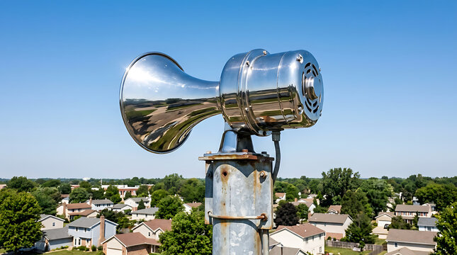 Vintage Tornado Siren Warning Device Mounted Outdoors Against a Clear Blue Sky and Suburban Landscape