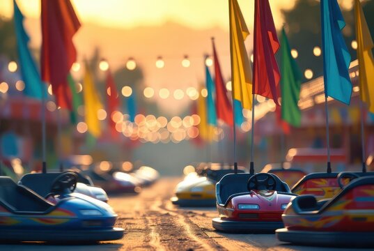 Bumper cars and colorful flags at an amusement park during golden hour sunset