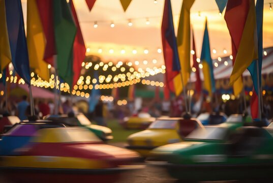 Blurry Bumper Cars and Colorful Flags at a Lively Amusement Park at Dusk
