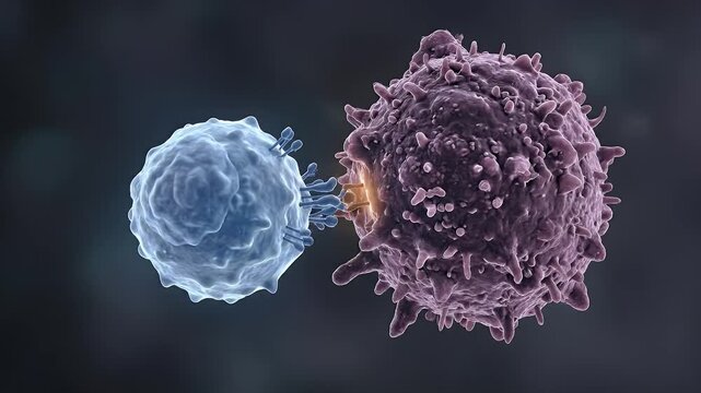 Immune cell interaction with receptor binding and glowing connection, microscopic view of white blood cells communicating and attacking cancer cells, detailed biological structure showing cellular